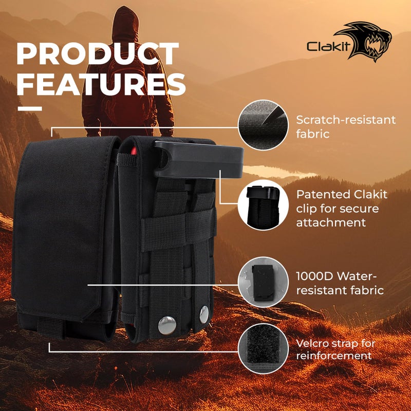 Clakit Phone Holster with Clip - Hook Loop Nylon Cellphone Holster Compact Pouch, Backpack Shoulder Strap Accessory Pouch - Multifunctional Black StrapPack Pouches for Hikers, Travelers & Commuters - Image 5